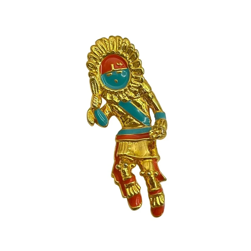 Native‎ American Style Dancer Pin Gold Tone Enamel Turquoise Coral Accents